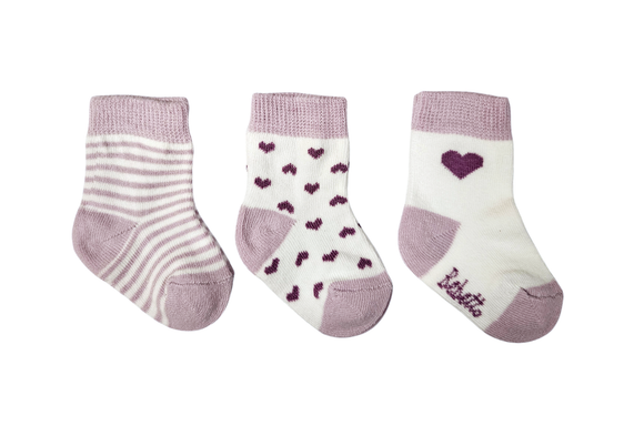 Bebetto Baby Girl Ankle Socks Hearts and Stripes 3Pk Purple (0-3mths)