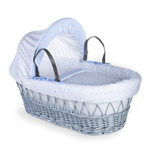 Clair de Lune Grey Wicker Moses Basket Stars And Stripes Blue
