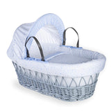 Clair de Lune Grey Wicker Moses Basket Stars And Stripes Blue