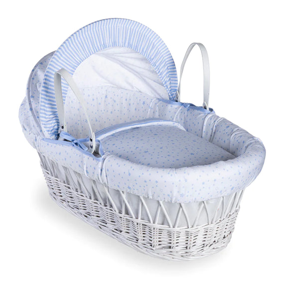 Clair de Lune White Wicker Moses Basket Stars And Stripes Blue