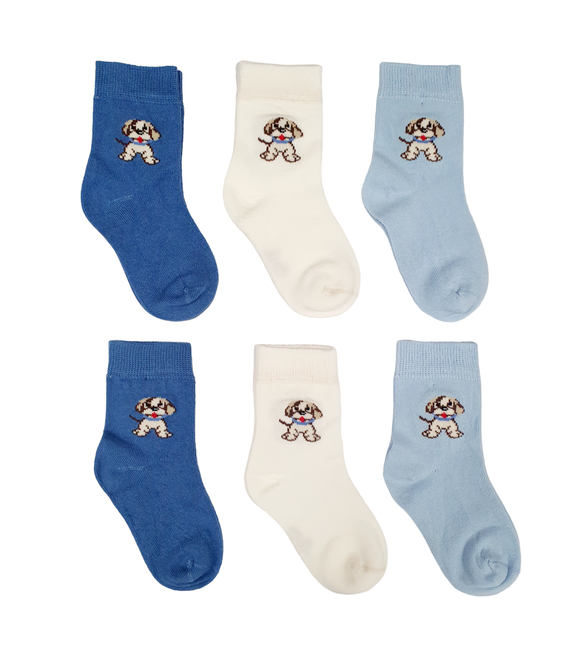 Little Team Cotton Rich Seamless Socks 6Pk Cute Dog Blue (0-4yrs)