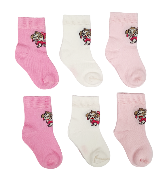 Little Team Cotton Rich Seamless Socks 6Pk Cute Dog Pink (0-12mths)