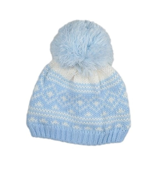 Pom Pom Beanie Hat Fair Isle Pattern Blue (6-18mths)