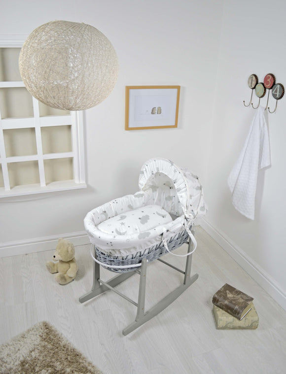 Cuddles Collection Grey Wicker Moses Basket With Stand Sweet Dreams