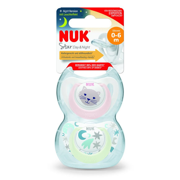 NUK Star Day & Night Silicone Soother 2-Pack Pink 0-6m