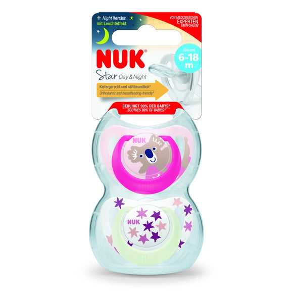NUK Star Day & Night Silicone Soother 2-Pack Pink 6-18m