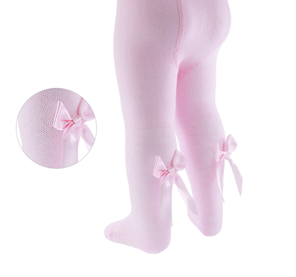 Baby Girl Diamond Patterned Tights Satin Bow Pink
