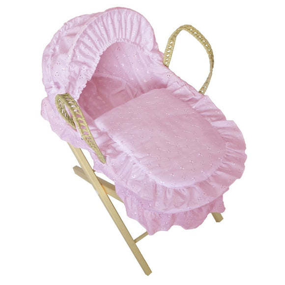 Doll's Broderie Anglaise Moses Basket With Stand Pink