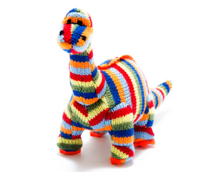 Best Years Knitted Diplodocus Dinosaur Baby Rattle Rainbow Striped