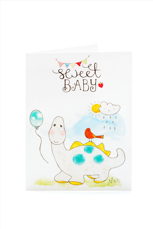 Beast Years New Baby Card – Sweet Baby Grey Diplodocus Dinosaur Card