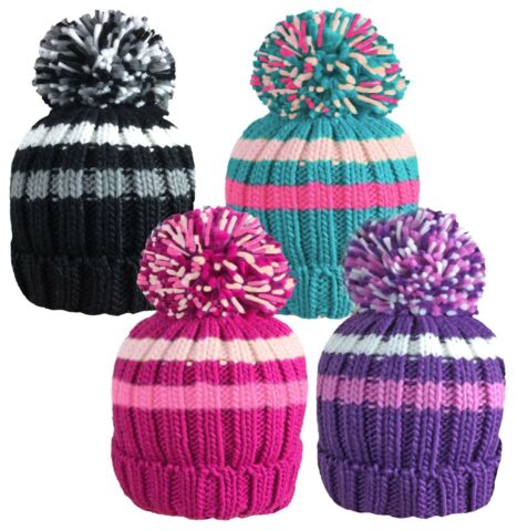 Girls Large Pom Pom Beanie Hat Striped (4-6yrs)