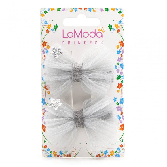 LaModa Princess Girls Clips Silver Bow 2Pk